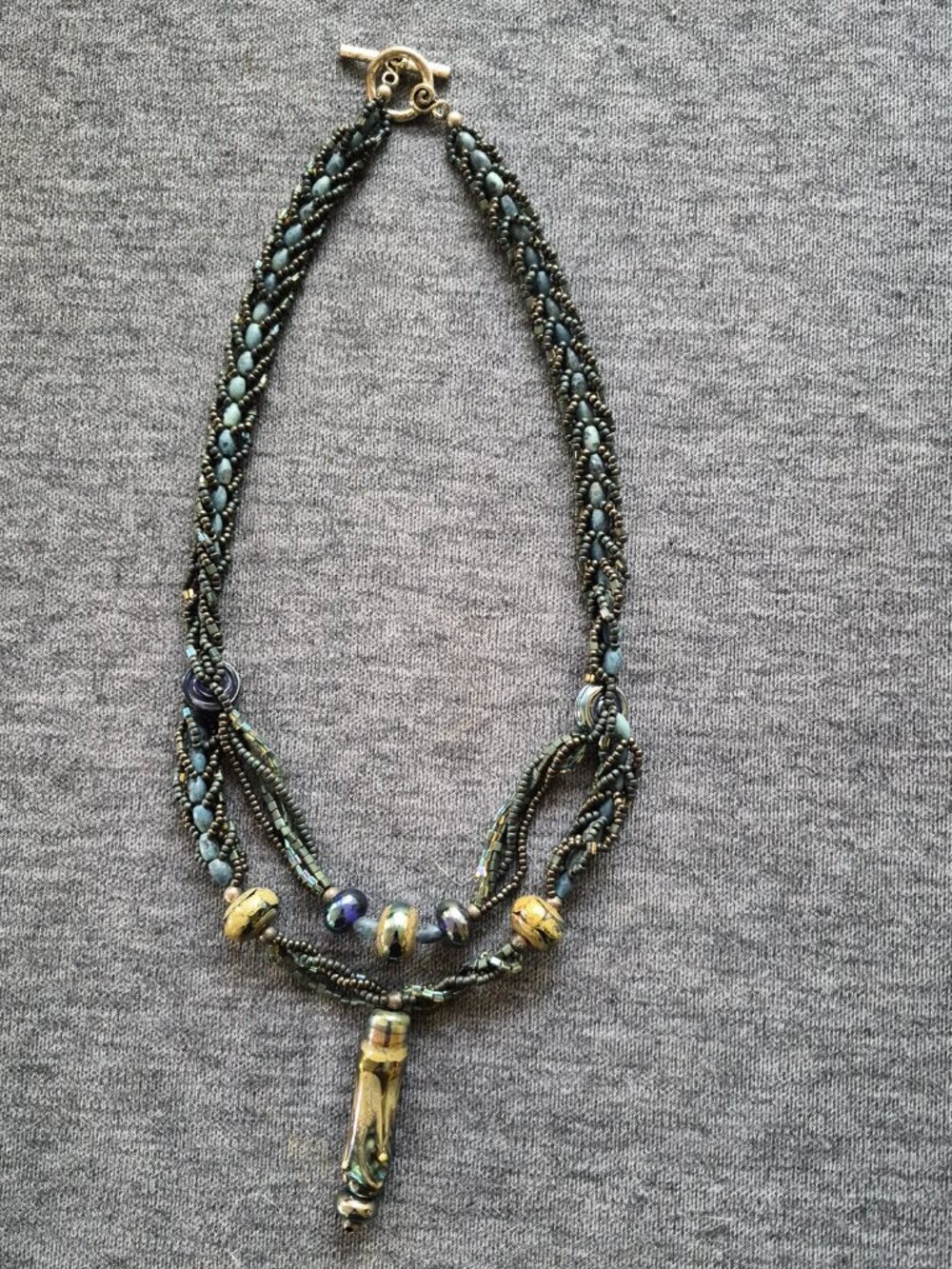 VGT Necklace braided metallic & Iridescent seed beads, stones Art Glass Pendant